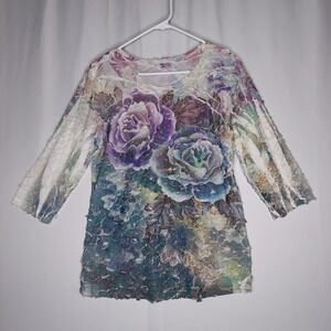 Cactus Top Women Medium Y2K 3/4 Floral 3D Textured Fairycore Artsy Grunge